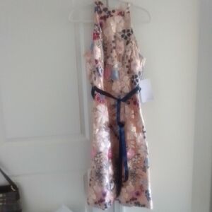 JS Collections Blush Floral Midi Dress with Navy Waist Tie